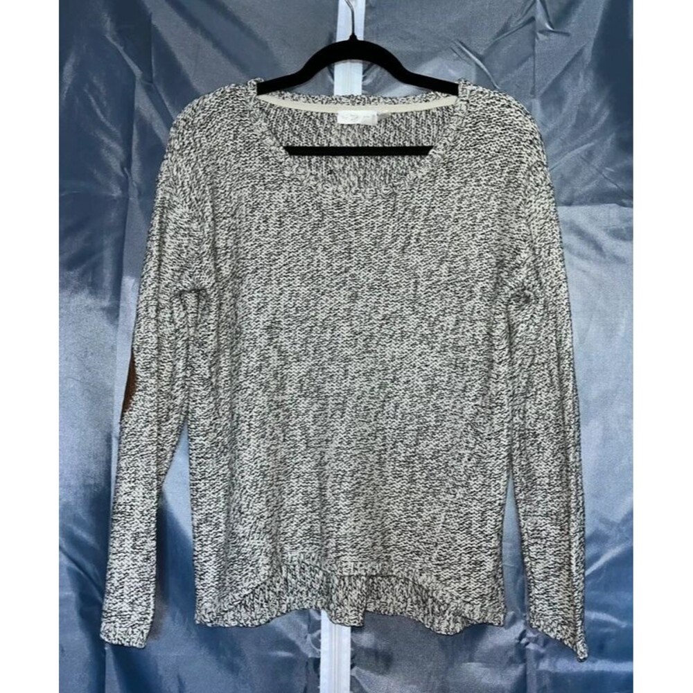 RD Style Knit Sweater Womens Medium Gray White Marled Faux Suede Elbow Patches